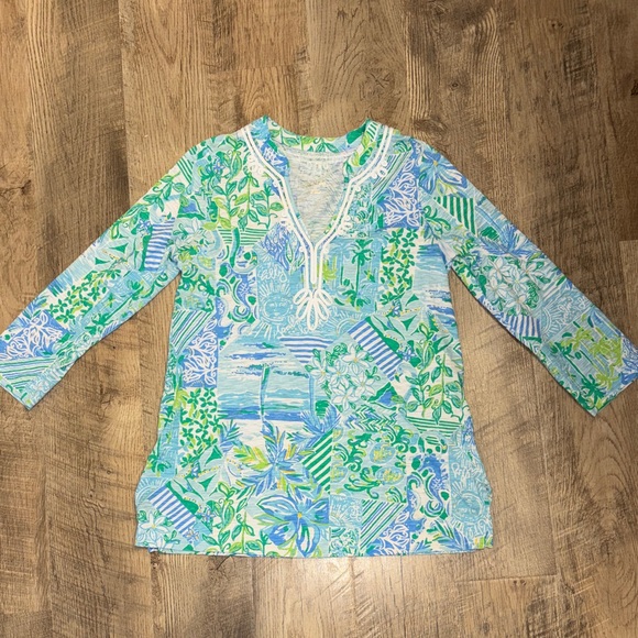 Lilly Pulitzer Tops - Lilly Pulitzer Tunic Top Patchwork Print V Neck Long Sleeve Women M Blue Green